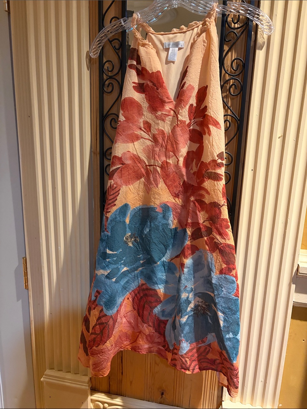London Times Peach Maxi Dress with Blue & Rust Floral Print